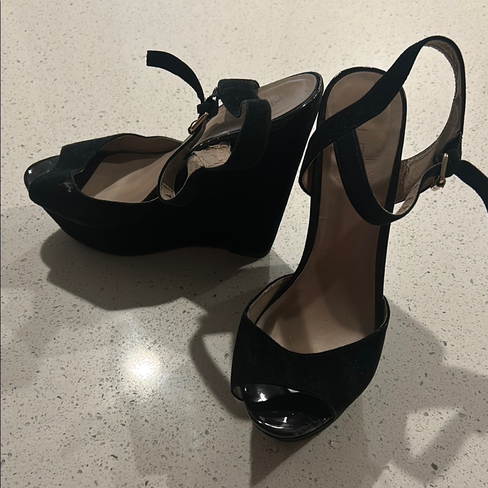 Aldo Black Patent Leather Wedge Shoes